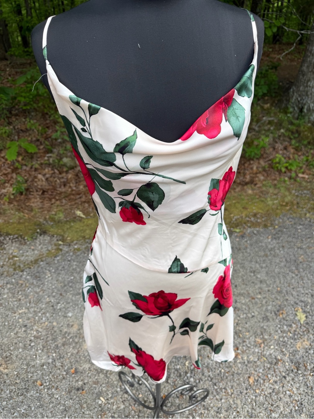Francesca's Cream Slip Dress with Red Rose & Green Leaves